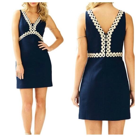 Lilly Pulitzer Dresses & Skirts - Lilly Pulitzer Mini Dress Gold Embroidered Trim Navy Blue Textured Cotton 0